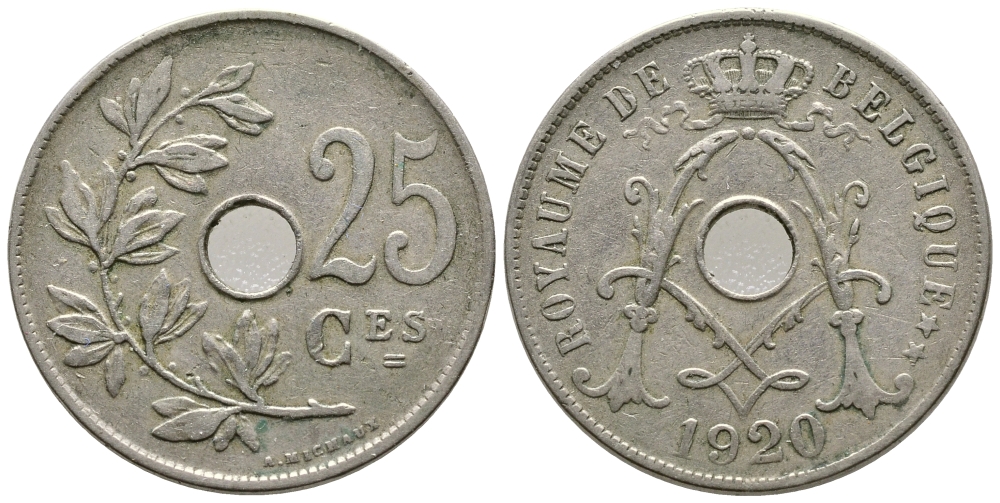 БЕЛЬГИЯ 25 САНТИМОВ 1920 BELGIQUE KM 68.1 медно-никель 177-1042