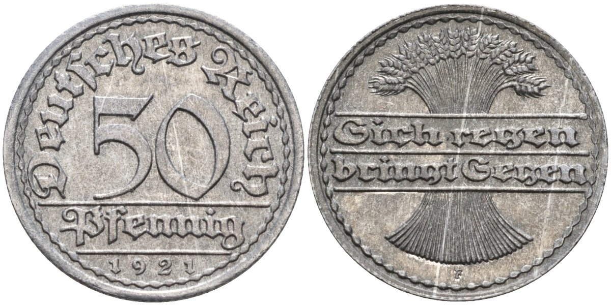 Германия 50 пфеннигов 1921 F KM 27, J.301, Weege 10 алюминий UNC 4584-743
