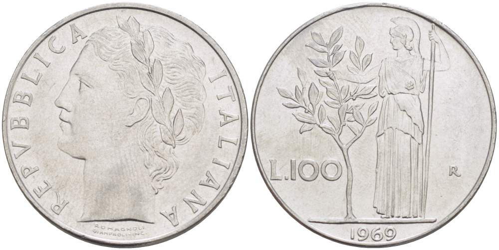ИТАЛИЯ 100 ЛИР 1969 R, АФИНА, ДИАМЕТР 28 ММ. KM 96.1 нержавеющая сталь 4512-1016