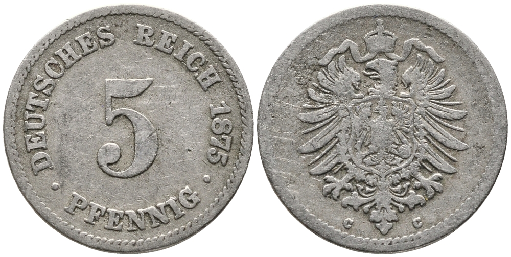 Германия 5 пфеннигов 1875 C, старогербовка KM 3, Jager 3, Weege 5 медно-никель 100-621