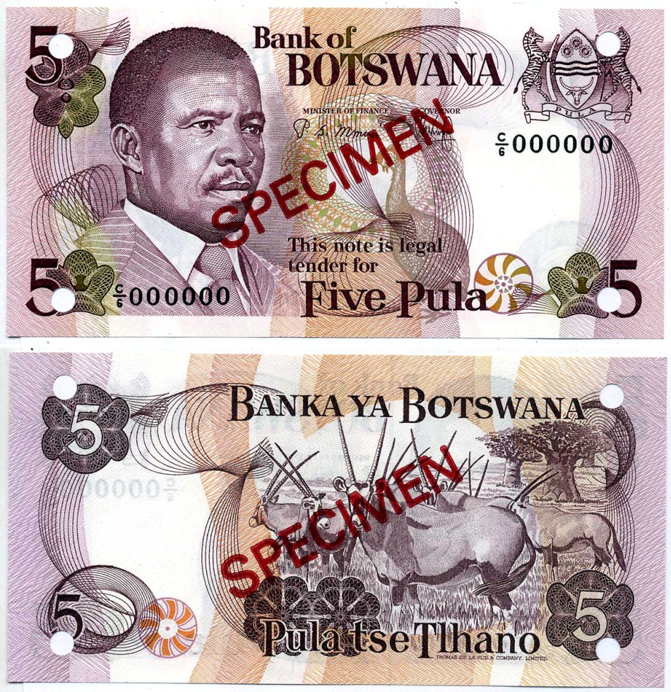 Ботсвана 5 пула ND (1982) Кветт Кетумиле Масире, цесарка, антилопы Гемсбок, серия С/6, SPECIMEN Pick 8s2 бумага UNC (пресс) 451-437-1