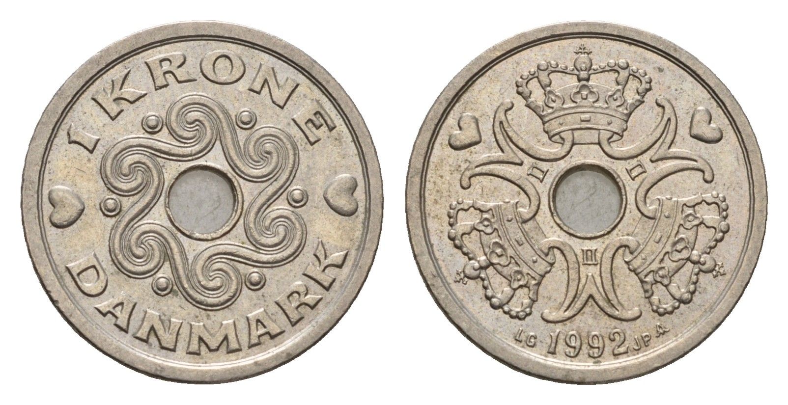 Дания 1 крона 1992 Маргрете II (1972-2024) KM 873 медно-никель 201-769