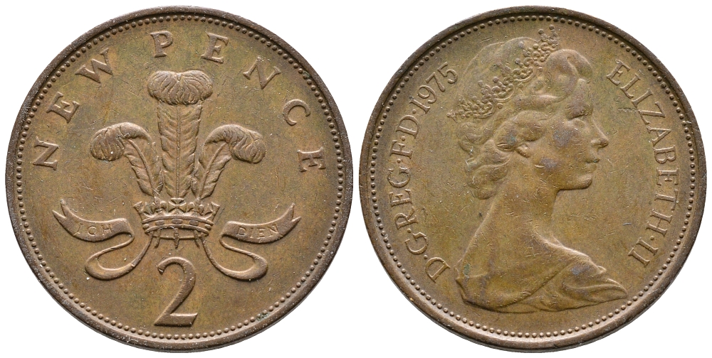 Великобритания 2 пенса 1975 Елизавета II (1952-2022) KM 916, Spink 4235 (C1) бронза 87-656