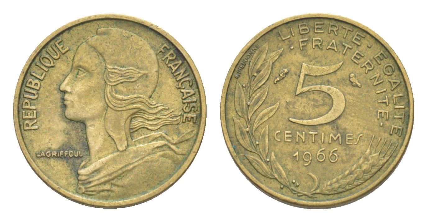 Франция 5 сантимов 1966 тип Марианна KM 933, Le Franc 125.2 алюминиевая бронза 4643-512