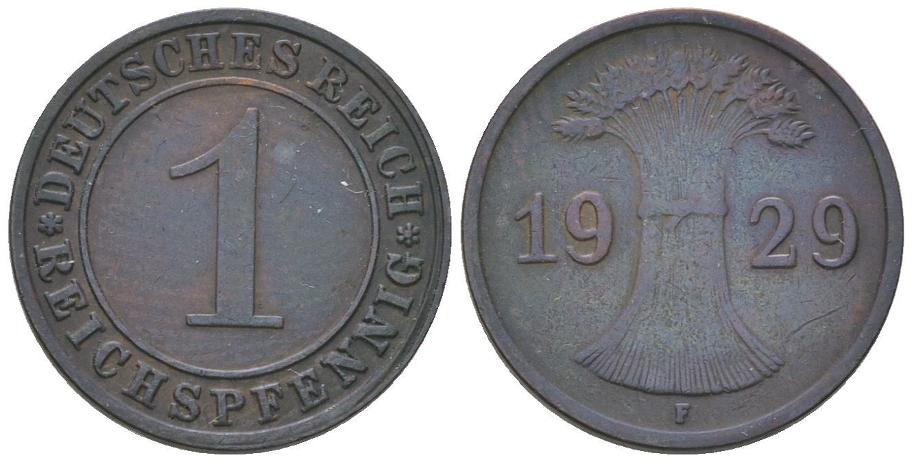 Германия 1 рейхспфенниг 1929 F KM 37, J.313 бронза 4385-628