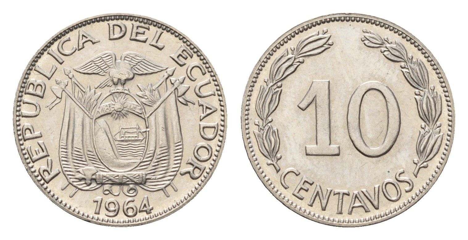 Эквадор 10 сентаво 1964 KM 76c сталь плакированная никелем UNC 4697-344