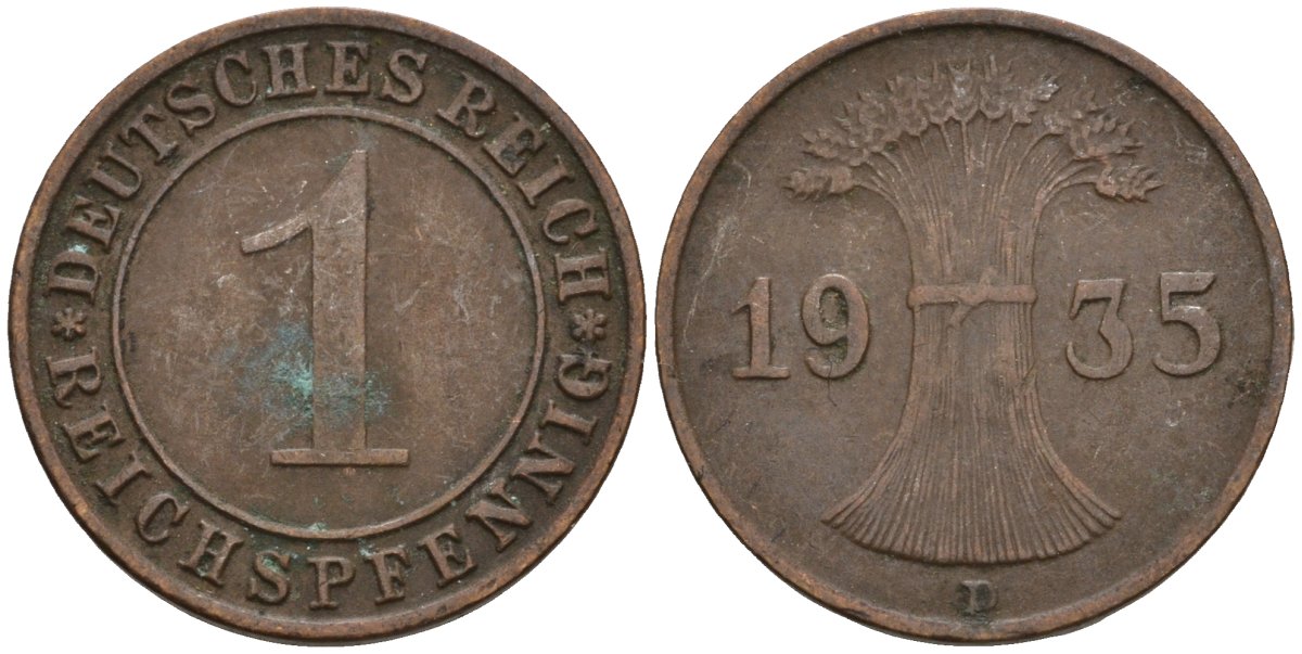 Германия 1 рейхспфенниг 1935 D KM 37, J. 313 бронза 4549-721