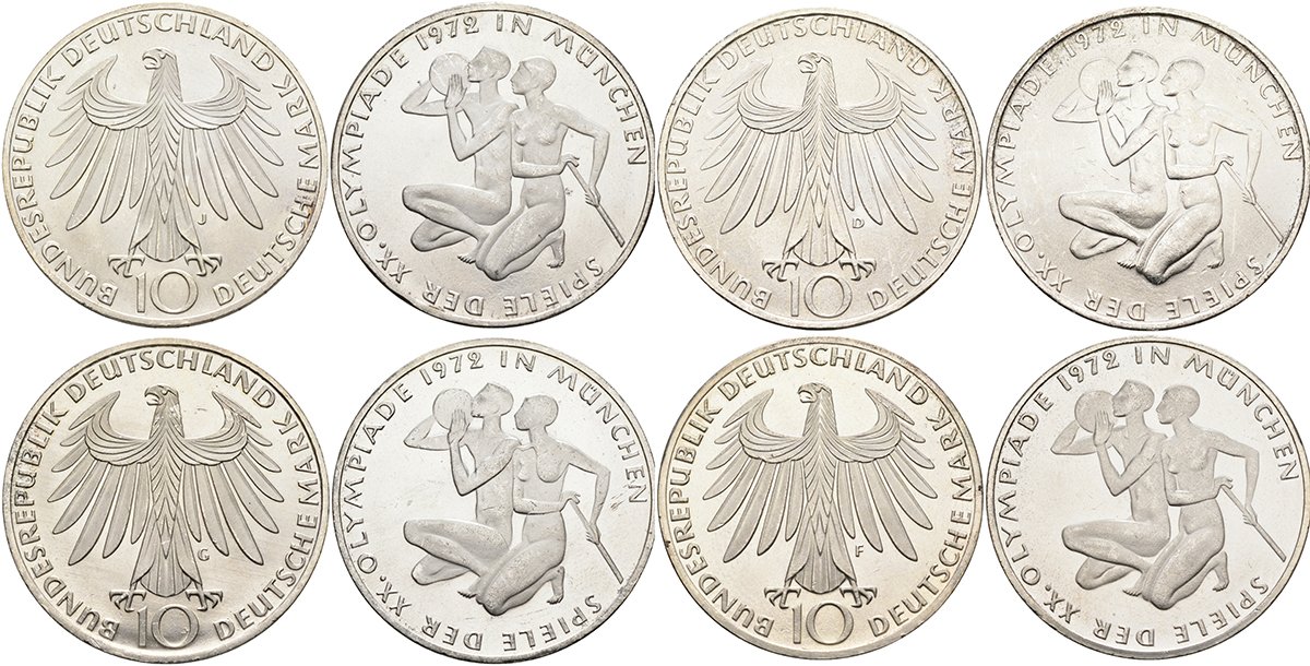 ФРГ набор из 4 монет по 10 марок 1972 XX Олимпийские игры 1972 года в Мюнхене, спортсмен и спортсменка (F, J, D, G), коробка KM 132, J. 403 серебро UNC 3-4-7-25