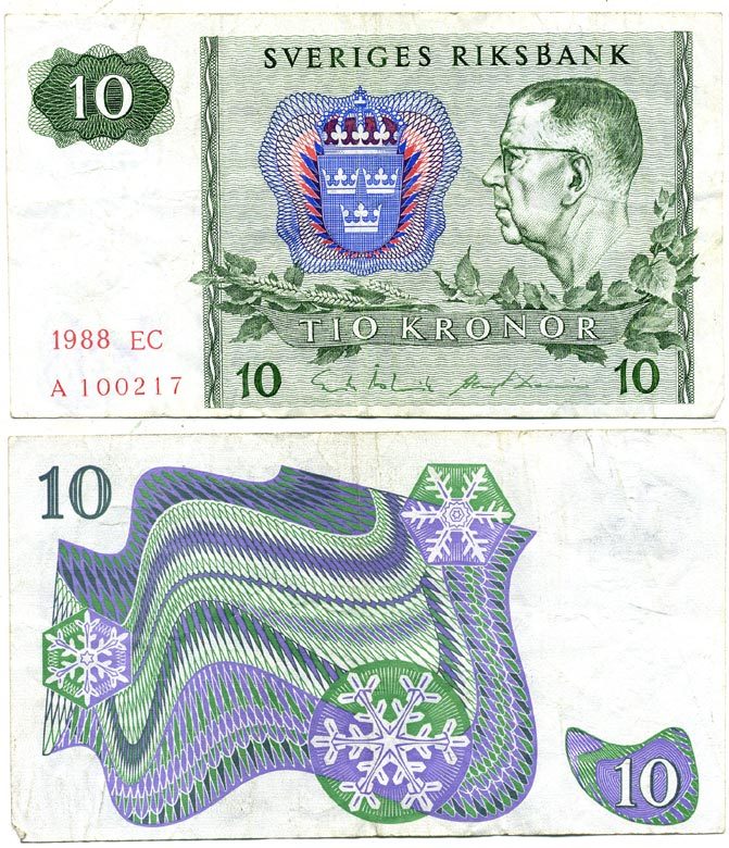 Швеция 10 крон 1988 ЕС Pick 52e  бумага   7218-2-1-1
