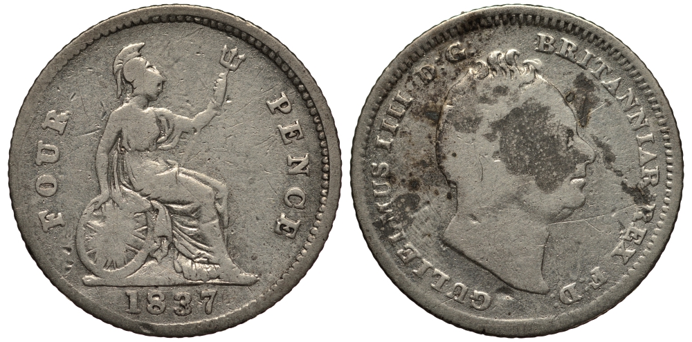 Великобритания 4 пенса (гроут) 1837 Вильгельм IV (1830-1837) КМ 723, Spink 3837 серебро 1515-2145