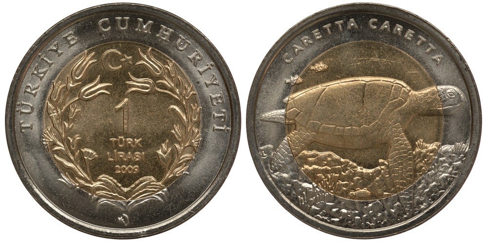 Турция 1 лира 2009 Красная книга, морская черепаха KM 1264 биметалл UNC M1-20