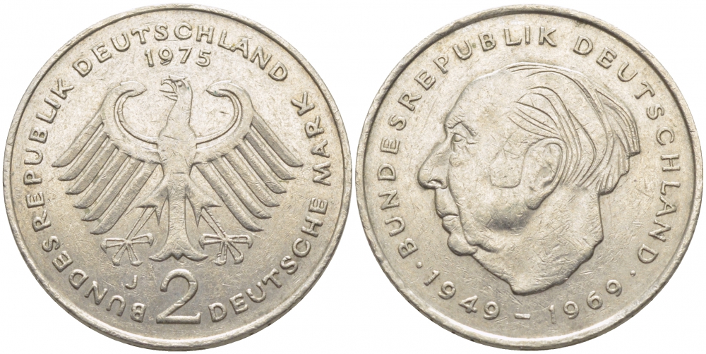 ФРГ 2 МАРКИ 1975 J, ТЕОДОР ХОЙС KM 127, J. 407 медно-никель плакированный никелем 3856-333