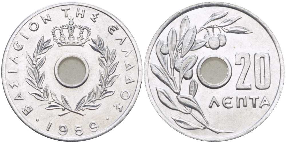 Греция 20 лепта 1959 Павел I (1947-1964), оливковая ветвь KM 79 алюминий UNC 28-526