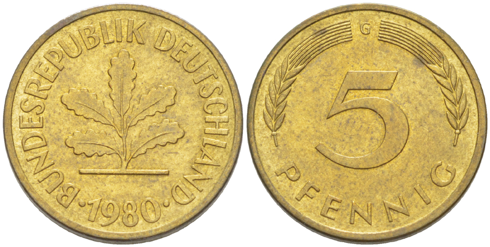 ФРГ 5 ПФЕННИГОВ 1980 G KM 107, J. 382 сталь плакированная латунью 4181-966
