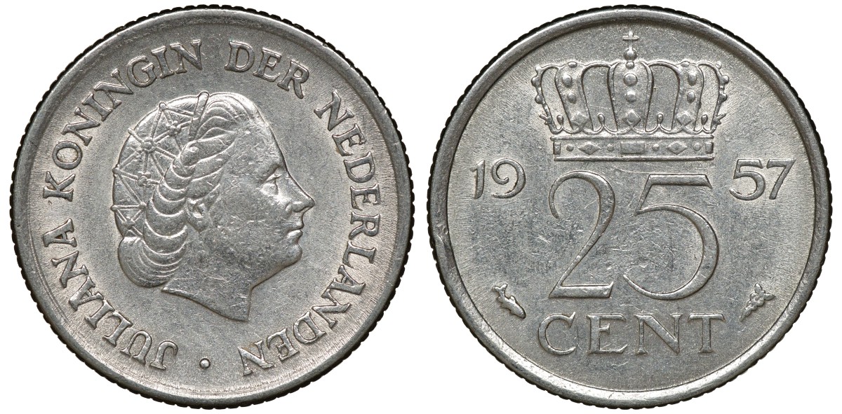 Нидерланды 25 центов 1957 Юлиана (1949-1980) KM 183 никель 72-1722