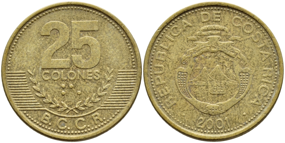 КОСТА-РИКА 25 КОЛОН 2001 B.C.C.R. KM 229а латунь 56-933
