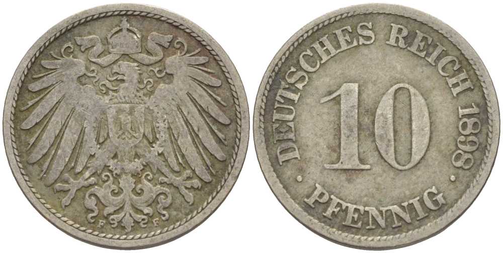 ГЕРМАНИЯ 10 ПФЕННИГОВ 1898 F KM 12, J. 13 медно-никель 4401-1023