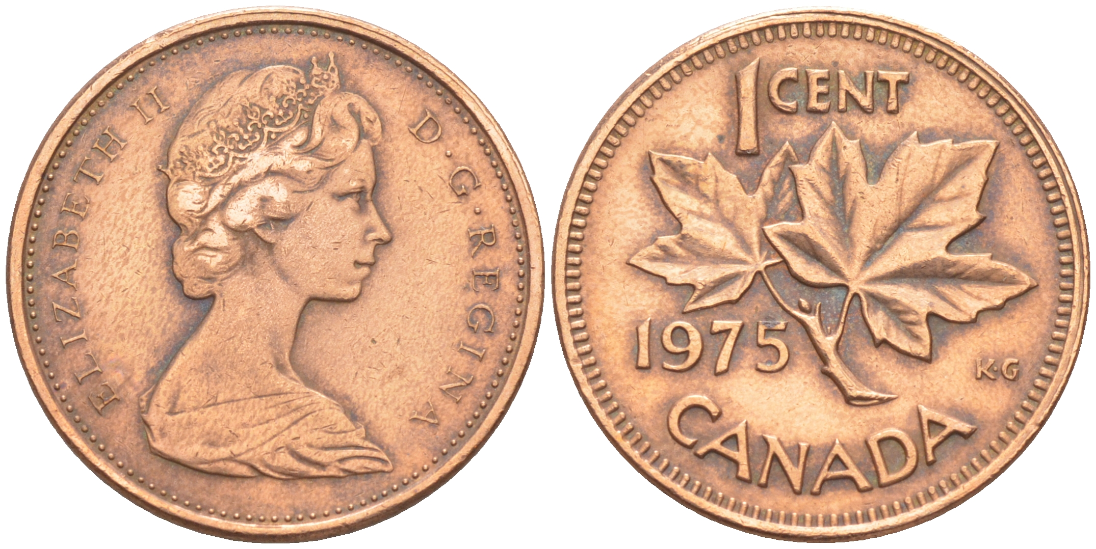 Канада 1 цент 1975 Елизавета II (1952-2022), кленовый лист KM 59.1 бронза 188-753