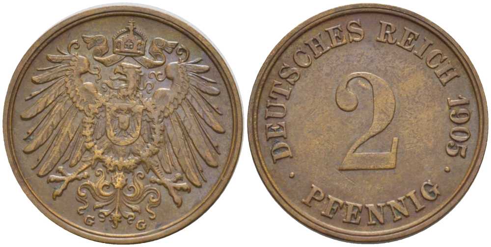 ГЕРМАНИЯ 2 ПФЕННИГА 1905 G KM 16, J. 11, Weege 4 медь 206-513