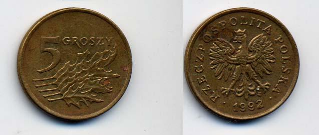 Польша 5 грошей 1992 MW KM 278 латунь 58-1146
