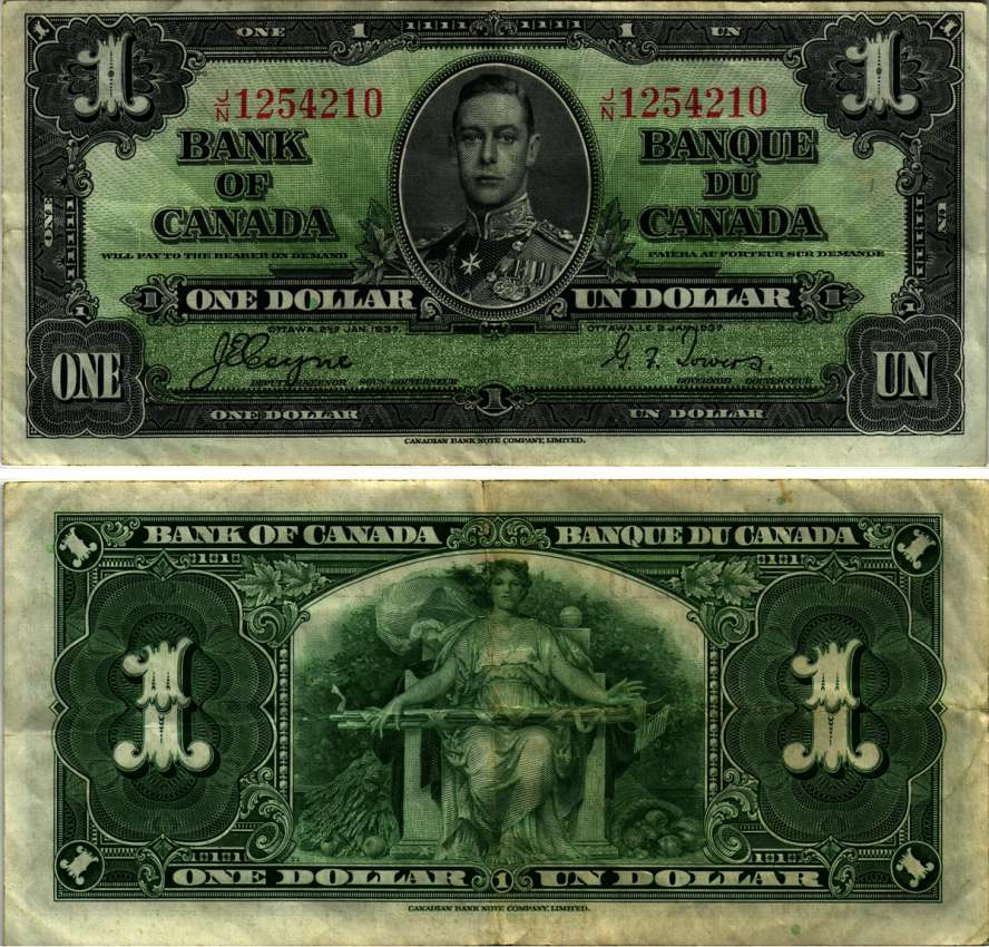 КАНАДА 1 ДОЛЛАР 1937 ГЕОРГ VI, SERIA J/N, ПОДПИСЬ GORDON-TOWERS, CBNC Pick 58d бумага 7221-52-1