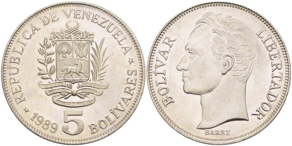 ВЕНЕСУЭЛА 5 БОЛИВАРОВ 1989 ПОРТРЕТ СИМОНА БОЛИВАРА KM 59a.2 сталь плакированная никелем UNC 4517-214