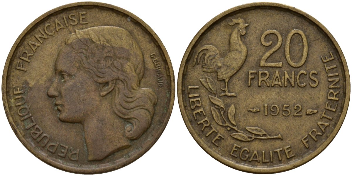 Франция 20 франков 1952 B, Петух KM 917.1 алюминиевая бронза 4159-941