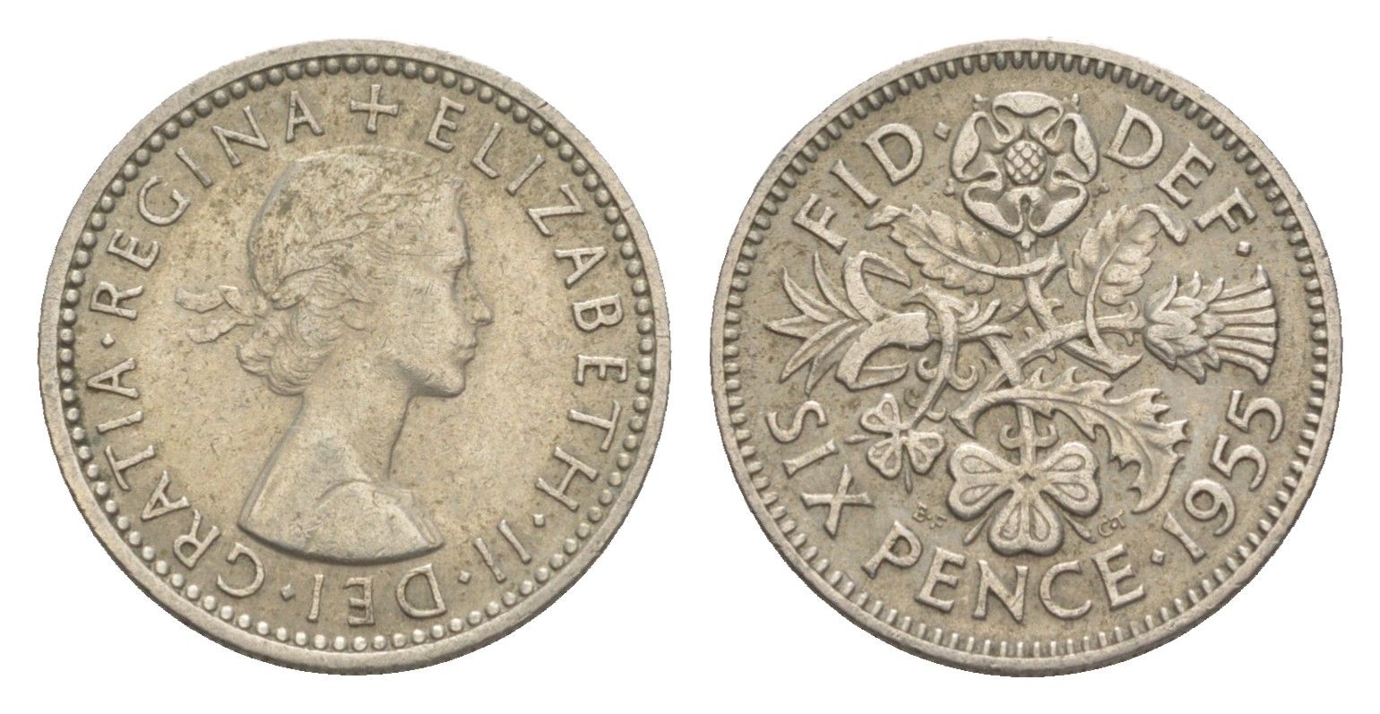Великобритания 6 пенсов 1955 Елизавета II (1952-2022) KM 903, Spink 4149 медно-никель 4160-1057