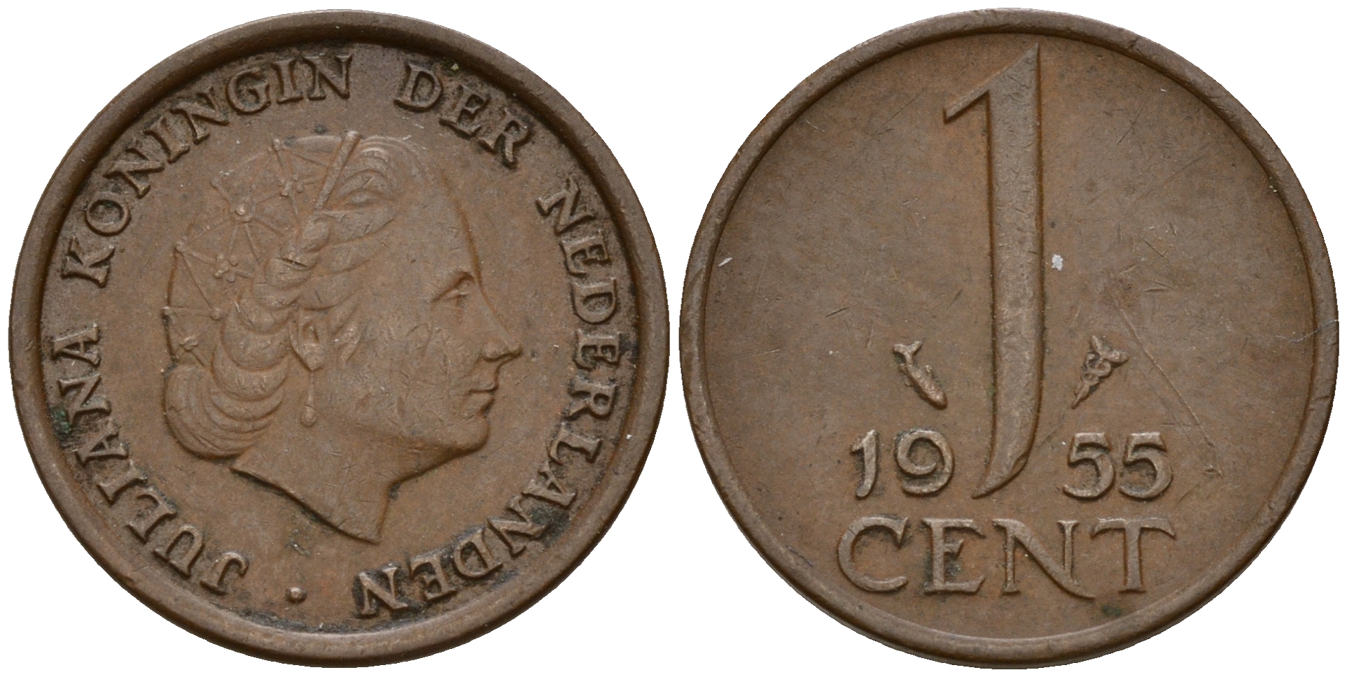 Нидерланды 1 цент 1955 Юлиана (1949-1980) KM 180 бронза    4598-159