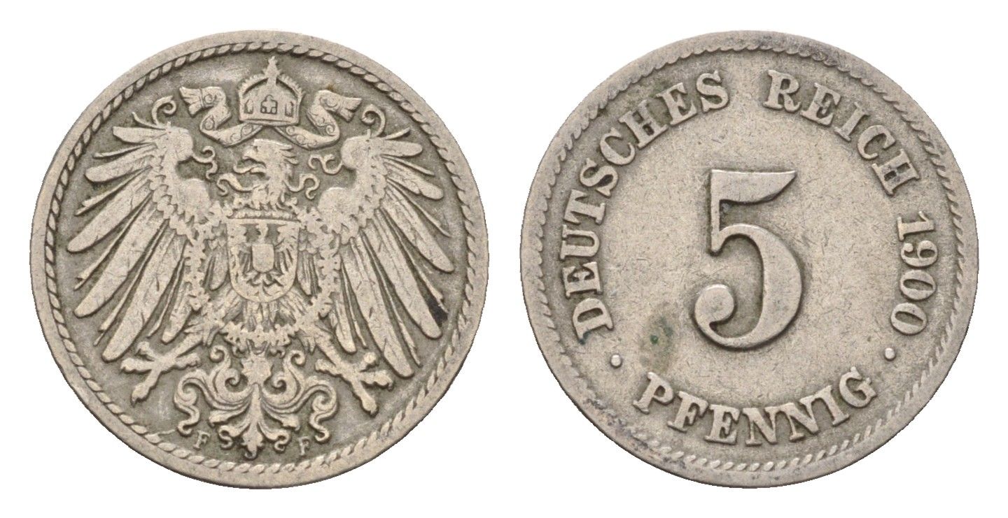 Германия 5 пфеннигов 1900 F, Вильгельм II (1888-1918) KM 11, J. 12 медно-никель 4632-1156