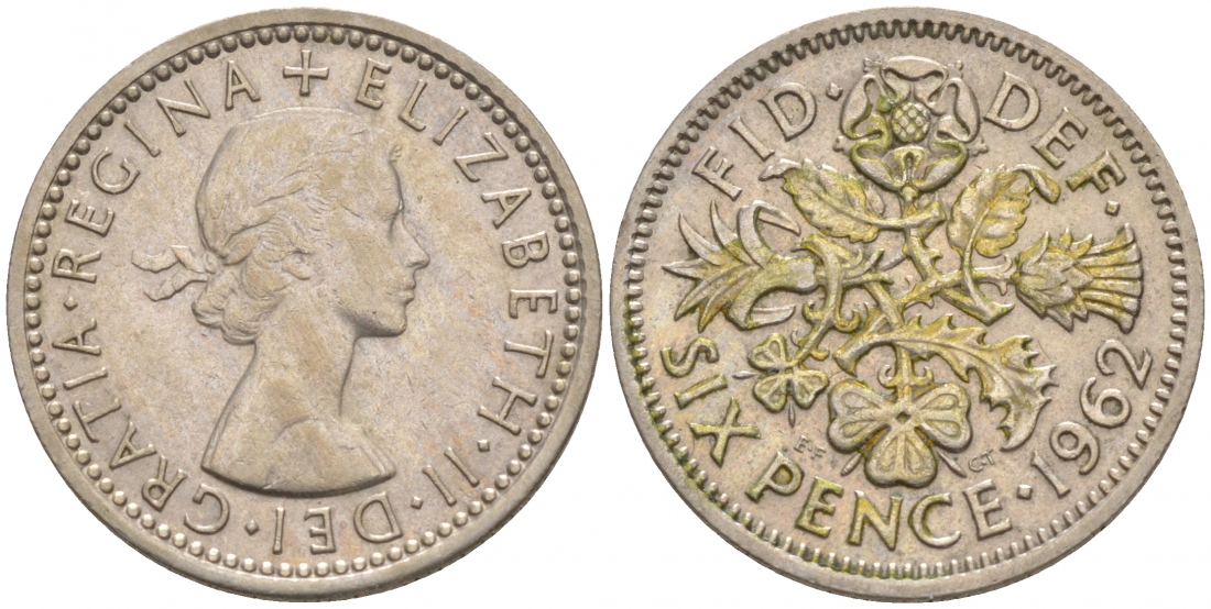 Великобритания 6 пенсов 1962 Елизавета II (1952-2022) KM 903, Spink 4149 медно-никель 3955-1212
