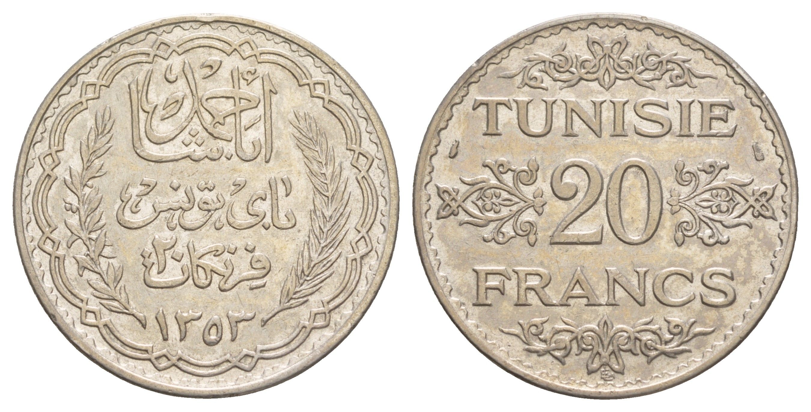 Тунис 20 франков 1934 KM 263 серебро 1518-1312