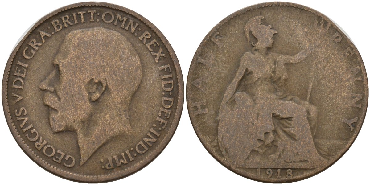 Великобритания 1/2 пенни 1918 Георг V (1910-1936) KM 809, Spink 4056 бронза 4146-136