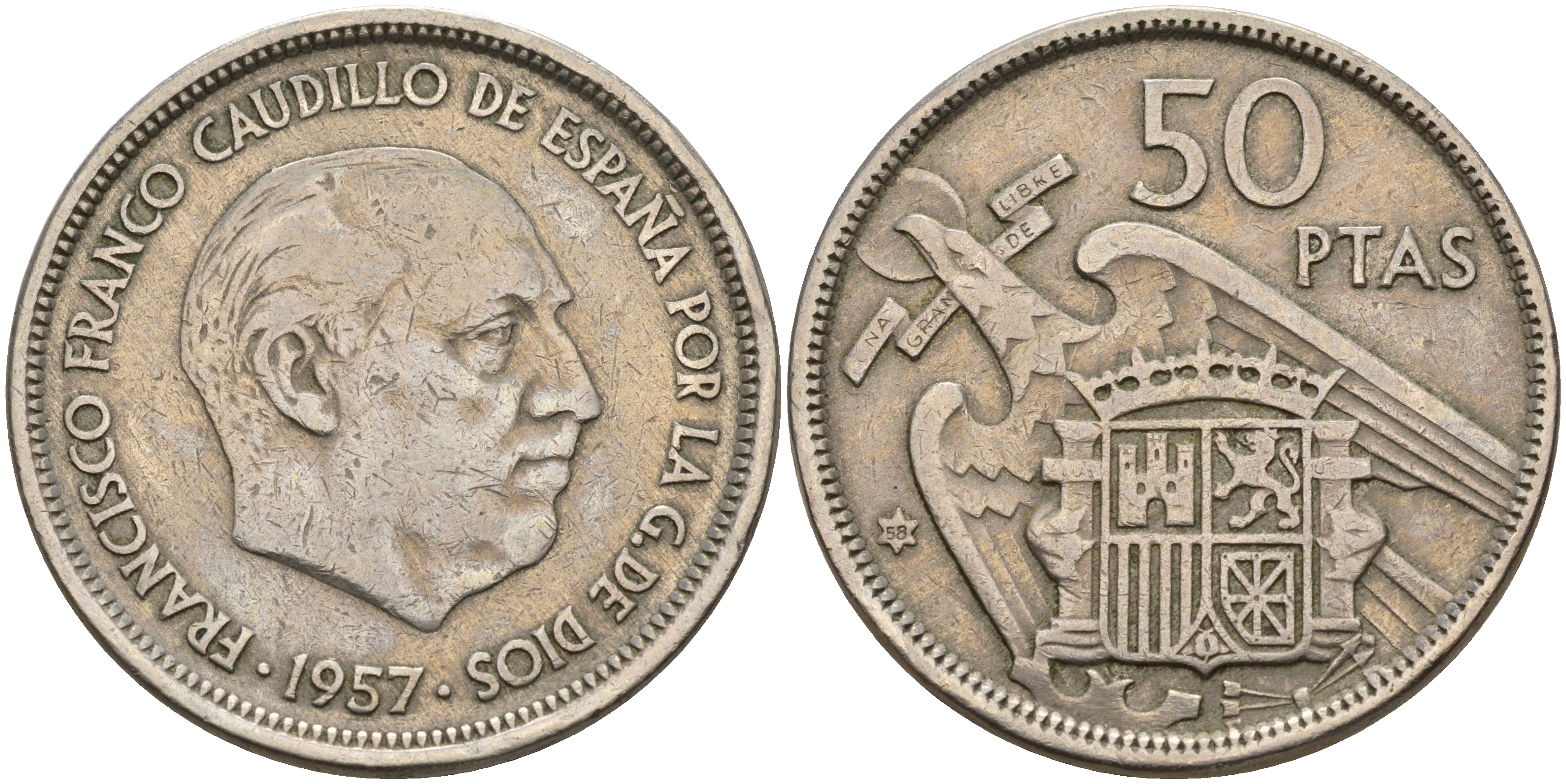 Испания 50 песет 1957 (58) Франсиско Франко (1939-1975) KM 788 медно-никель    4149-346