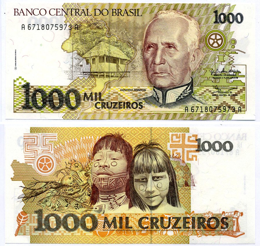 Бразилия 1000 крузейро ND (1990) серия A 6718, Кандиду Рондон Pick 231 a бумага UNC (пресс) 8603-42-1-1