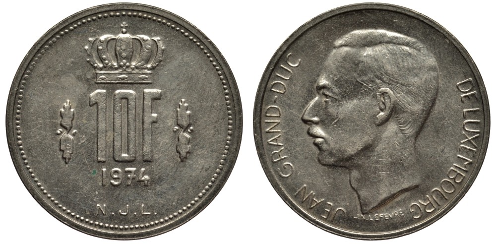 Люксембург 10 франков 1974 Великий герцог Жан (1964-2000) KM 57 никель 4536-534