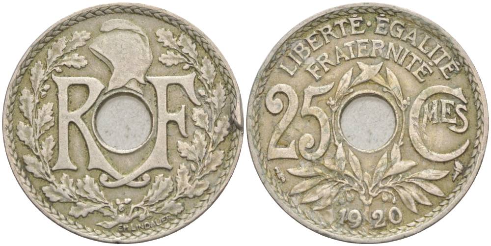 ФРАНЦИЯ 25 САНТИМОВ 1920 ТИП LINDAUER, В ЛАКЕ KM 867a, LE FRANC 171.4 медно-никель 55-147