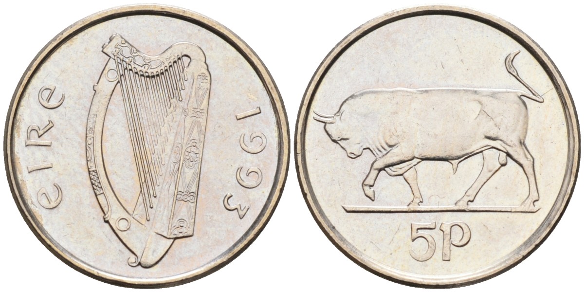 Ирландия 5 пенсов 1993 бык KM 28 медно-никель UNC 4580-936