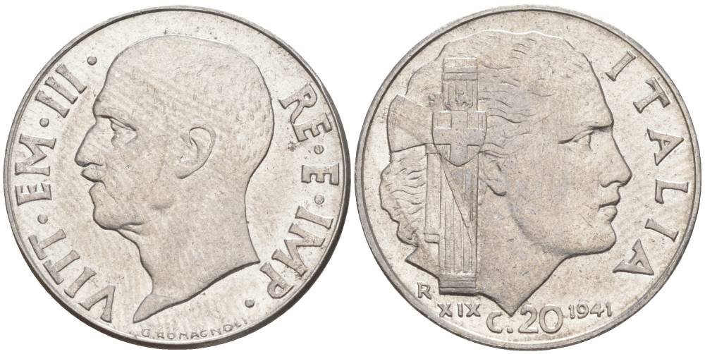ИТАЛИЯ 20 ЧЕНТЕЗИМО 1941 R, ГОД XIX, ВИКТОР ЭММАНУИЛ III (1900-1946) KM 75b, VEM3. 1028 нержавеющая сталь 3853-1123