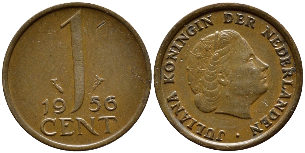 НИДЕРЛАНДЫ 1 ЦЕНТ 1956 ЮЛИАНА KM 180 бронза 4392-1356