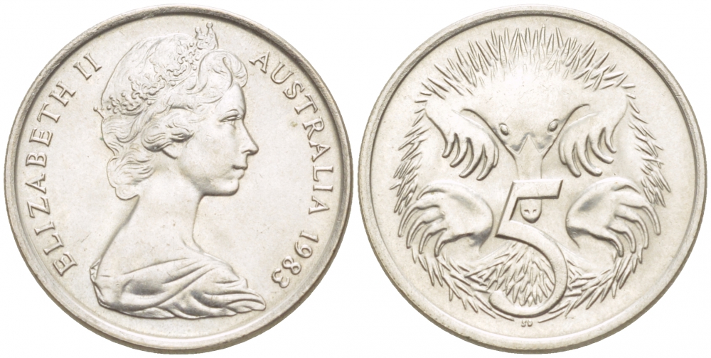 АВСТРАЛИЯ 5 ЦЕНТОВ 1983 ЕЛИЗАВЕТА II, МОЛОДОЙ ПОРТРЕТ, ЕХИДНА KM 64 медно-никель UNC 4532-564