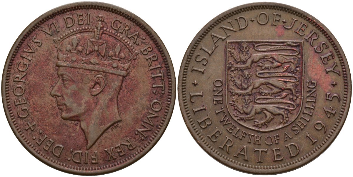 Джерси 1/12 шиллинга 1945 Георг VI (1937-1952), освобождение Джерси KM 19 бронза 4565-634