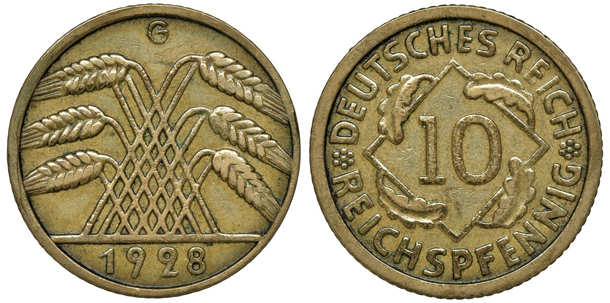 ГЕРМАНИЯ 10 РЕЙХСПФЕННИГОВ 1928 G, САМАЯ РЕДКАЯ БУКВА, ВЕЙМАРСКАЯ РЕСПУБЛИКА, ЦЕНА МТ 200 ЕВРО, Weege 9, J. 317, KM 40 алюминиевая бронза 72-1556