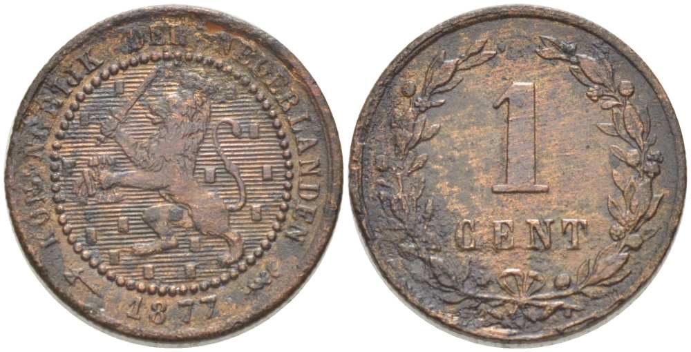 НИДЕРЛАНДЫ 1 ЦЕНТ 1877 ВИЛЬЯМ III (1849-1890) KM 107 бронза 3309-1252