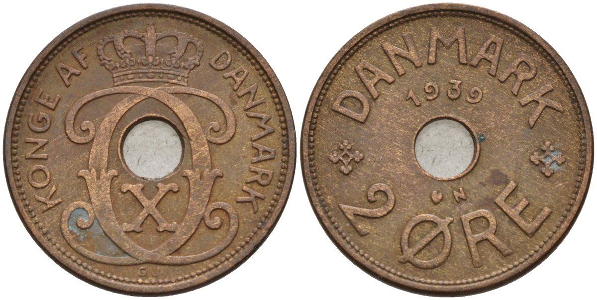Дания 2 эре 1939 Кристиан X (1912-1947) KM 827 бронза 4147-536