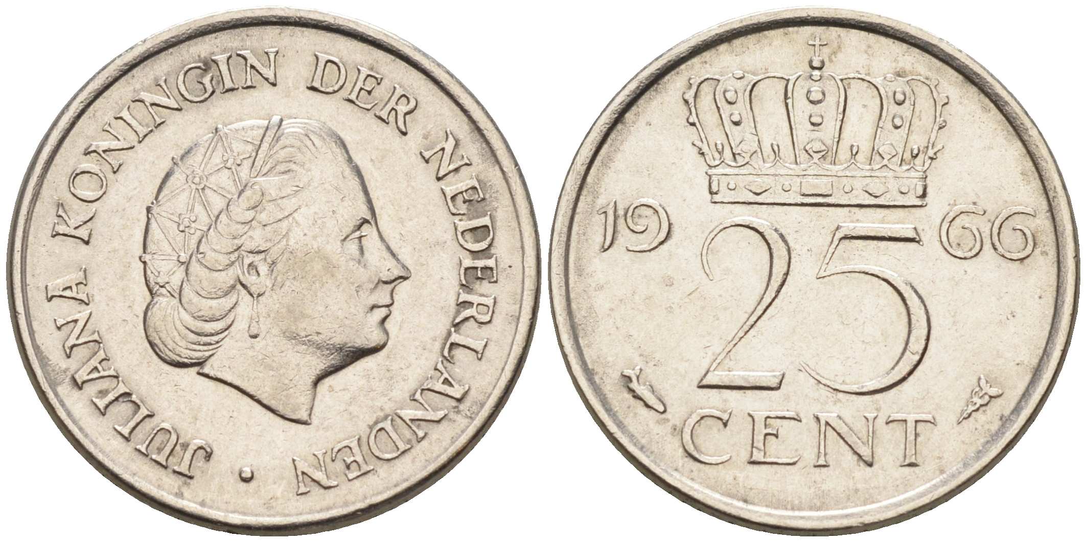 Нидерланды 25 центов 1966 Юлиана (1949-1980) KM 183 никель 4174-652