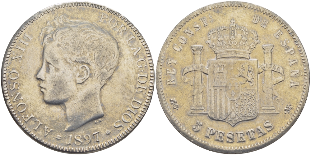 ИСПАНИЯ 5 ПЕСЕТ 1897 КОПИЯ ВЕС 20 ГР. белый металл 4537-1023