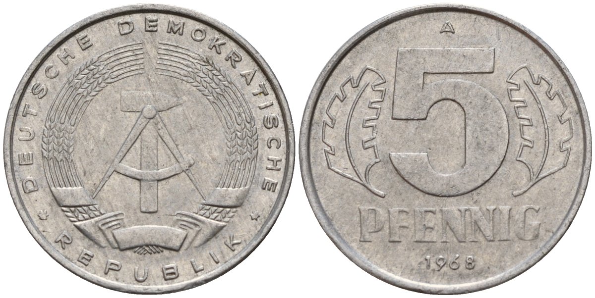 ГДР 5 пфеннигов 1968 A KM 9.1 алюминий 211-563