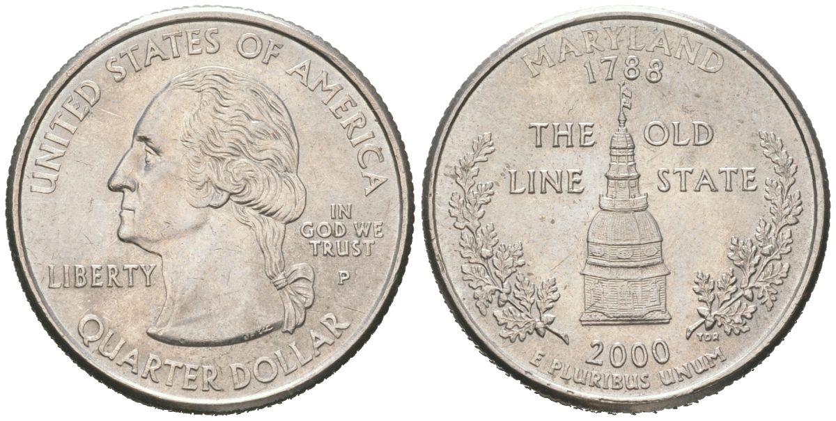 США 25 центов = квотер = 1/4 доллара 2000 P, квотер штата Мэриленд KM 306 медь плакированная медно-никелем UNC 183-215