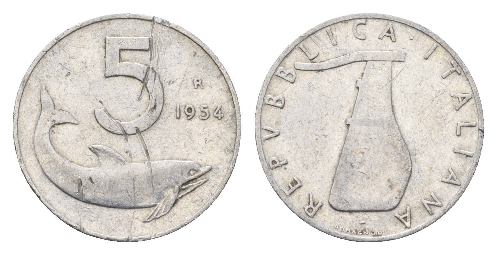 Италия 5 лир 1954 R, плуг, дельфин KM 92 алюминий 4685-141